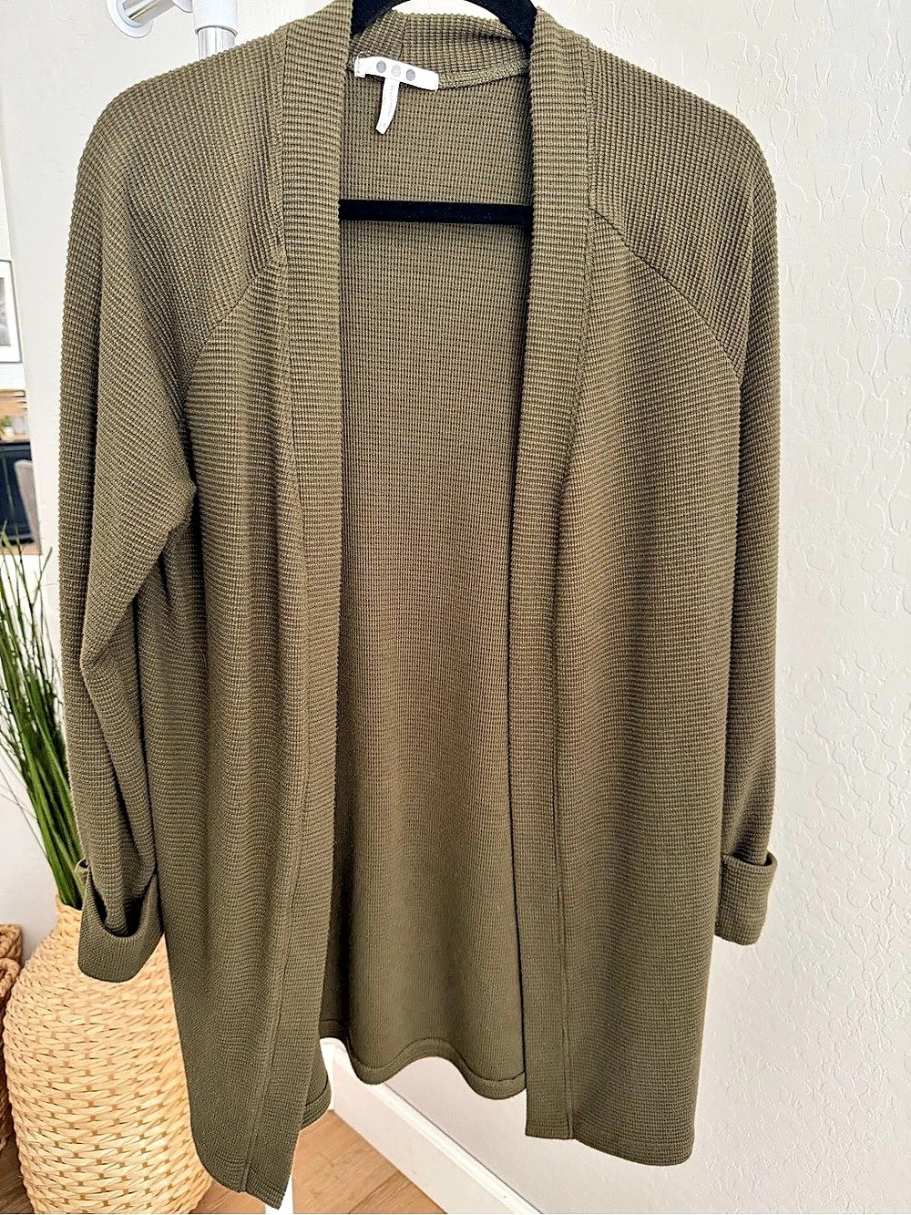Three Dots Nova Waffle Knit Long Cardigan Open-Front Cardigan in Green Size